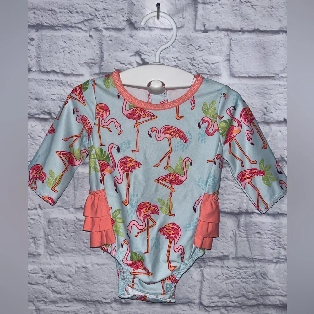 Girls Mud Pie Flamingo Rashguard Swimsuit Long sleeve Pink Ruffled back 3-6